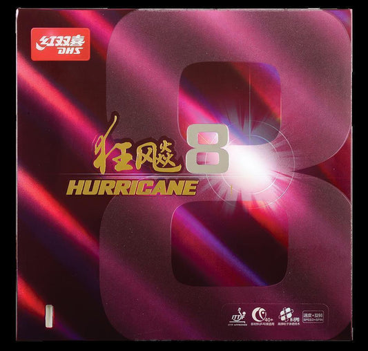 DHS Hurricane 8 Tischtennisbelag 2.15 mm Soft/Mid/Hart in schwarz und rot